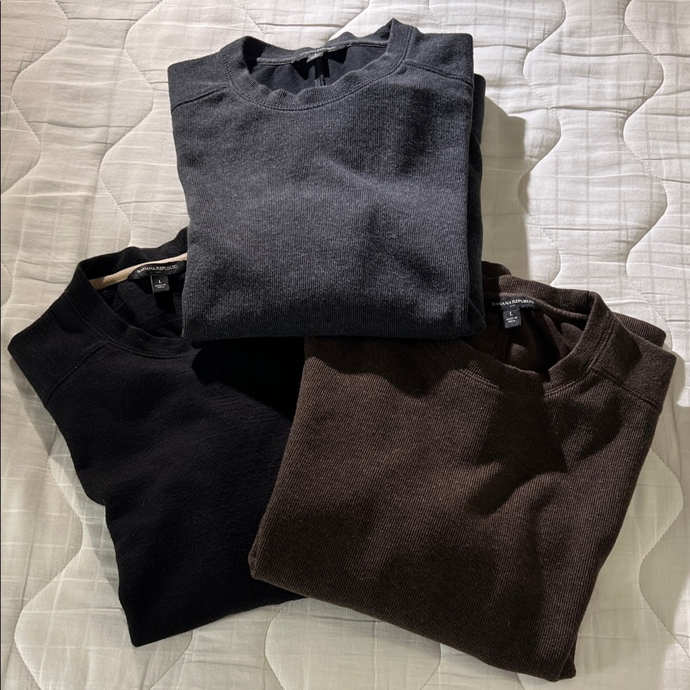 Banana Republic 3pk Men’s Brushed Rib Crewneck Sweaters - Black/Brown/Gray - Lrg